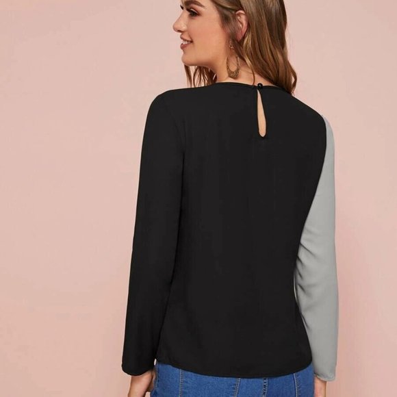 NEW BOUTIQUE WOMENS COLORBLOCK BLOUSE BLACK TOP - Picture 2 of 5